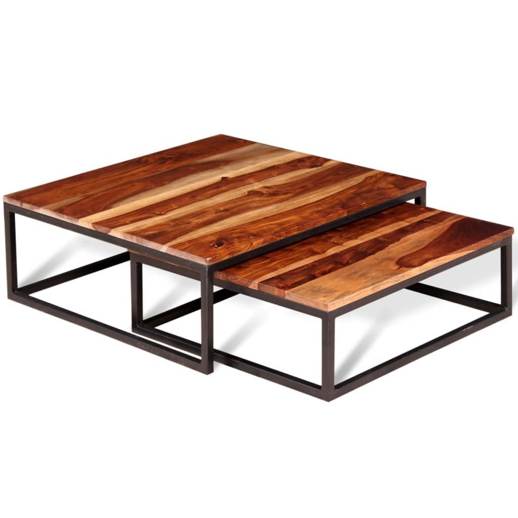 Solid Sheesham Wood Nesting Coffee Tables Set of 2 Metal Frame C1415