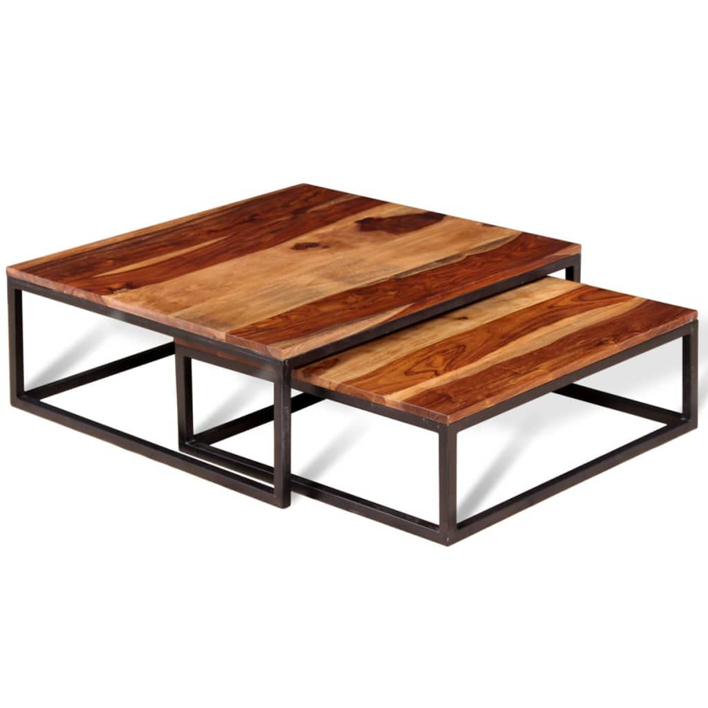 Solid Sheesham Wood Nesting Coffee Tables Set of 2 Metal Frame C1415