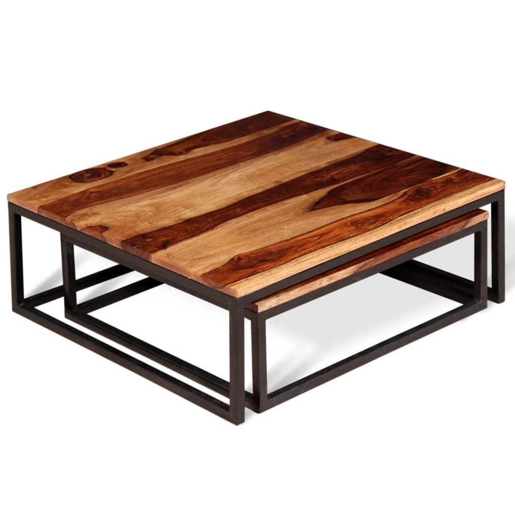 Solid Sheesham Wood Nesting Coffee Tables Set of 2 Metal Frame C1415