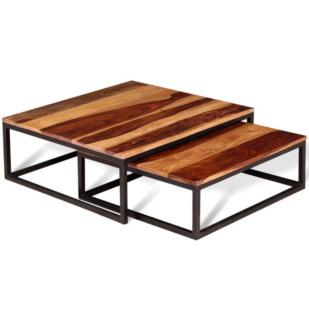 Solid Sheesham Wood Nesting Coffee Tables Set of 2 Metal Frame C1415