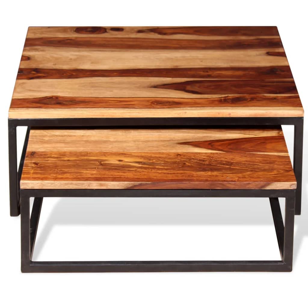 Solid Sheesham Wood Nesting Coffee Tables Set of 2 Metal Frame C1415