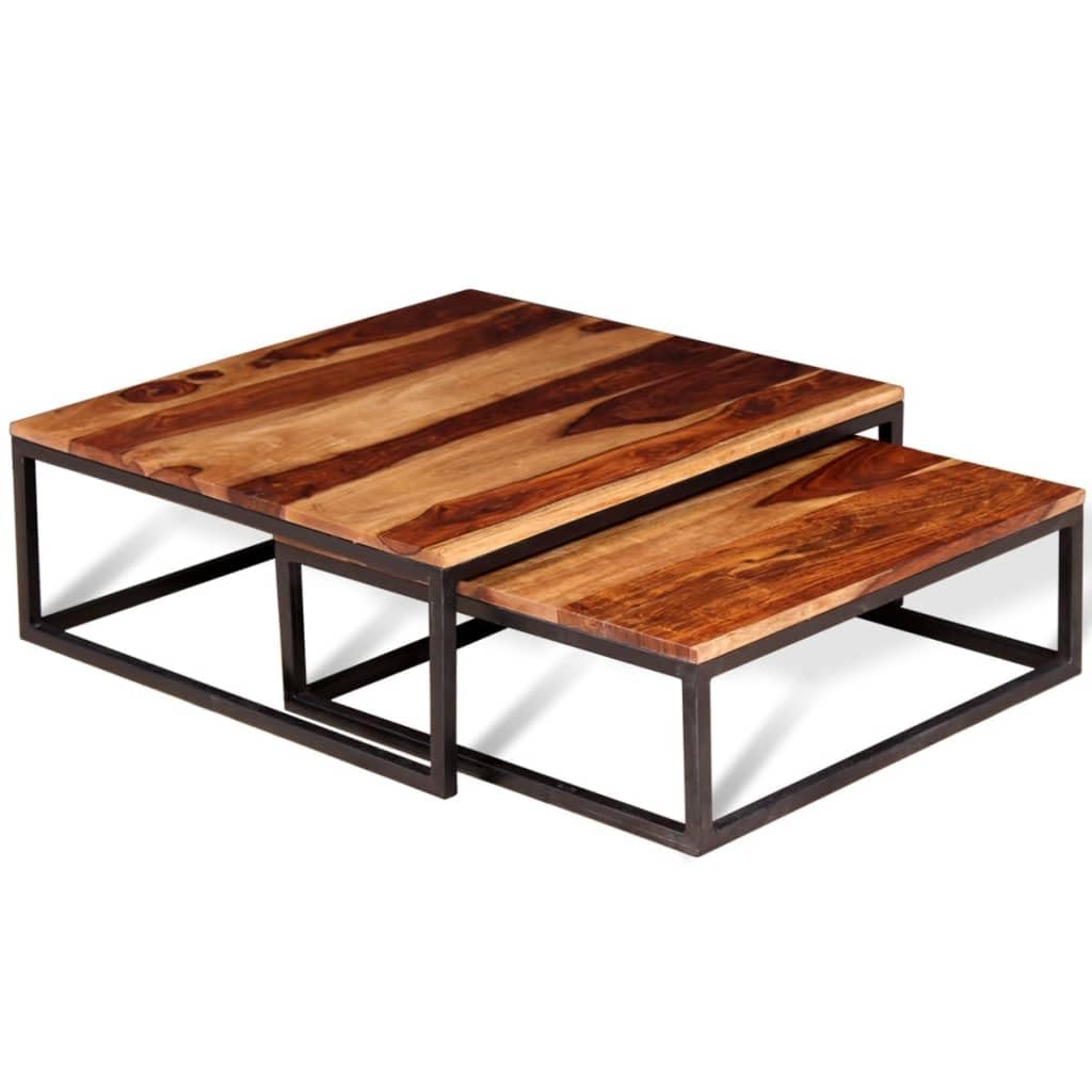 Solid Sheesham Wood Nesting Coffee Tables Set of 2 Metal Frame C1415