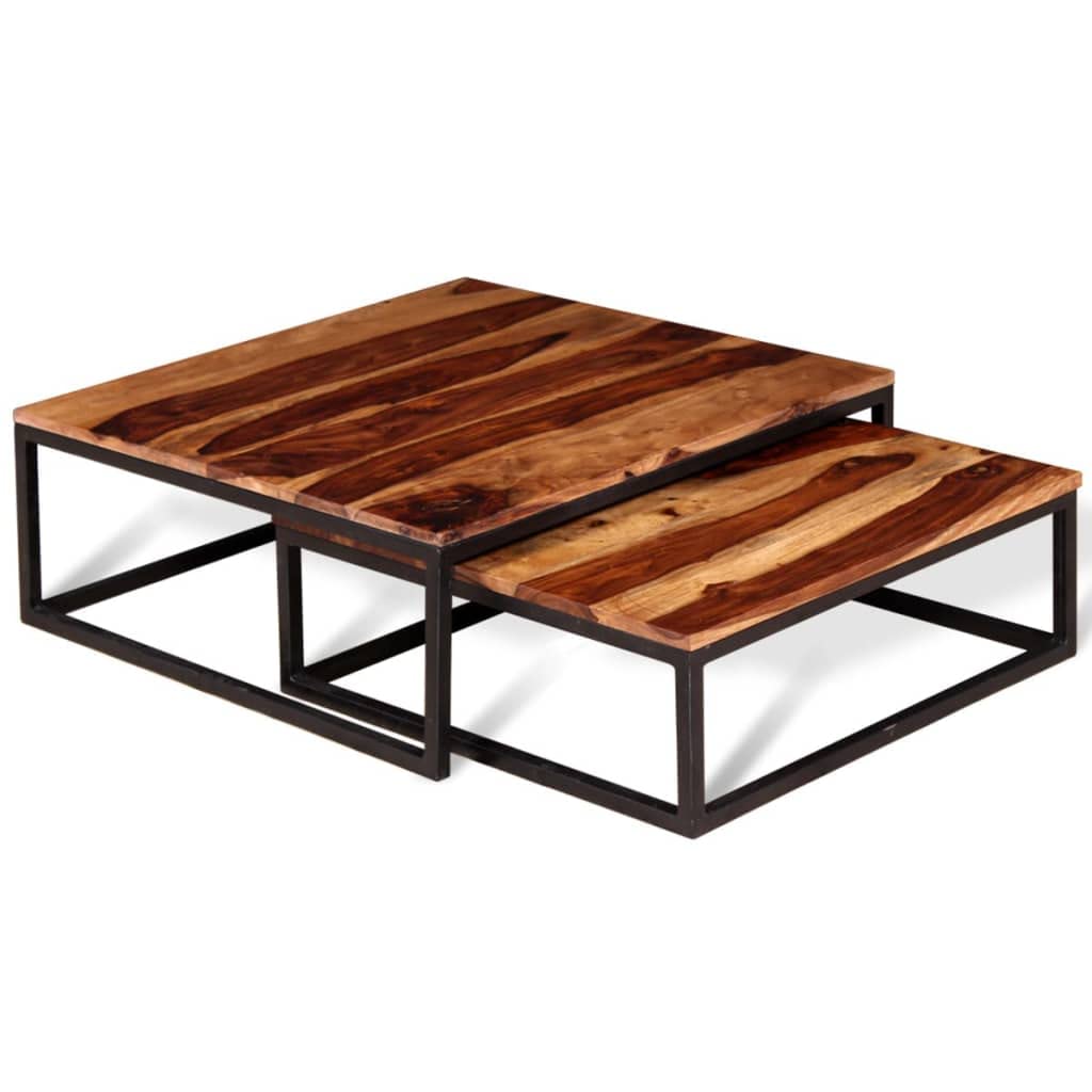 Solid Sheesham Wood Nesting Coffee Tables Set of 2 Metal Frame C1415