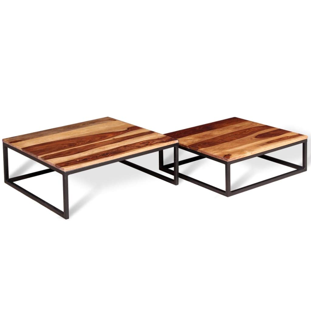 Solid Sheesham Wood Nesting Coffee Tables Set of 2 Metal Frame C1415
