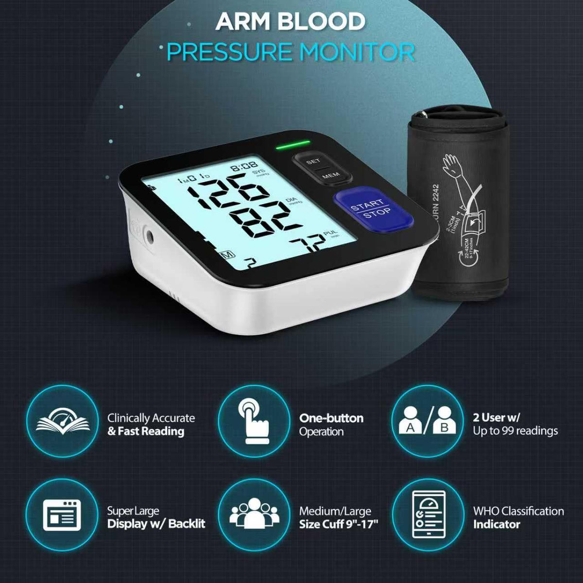 Upper Arm Blood Pressure Machine Medium/Large Cuff Automatic Digital BP Monitor Backlit LCD 2-User Mode U6682