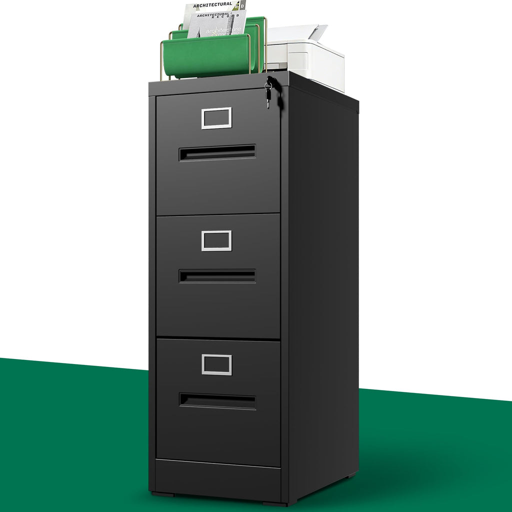 Black 3 Drawer Metal File Cabinet with Lock M83347