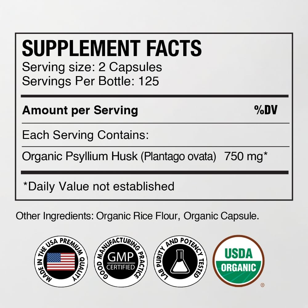 Organic Psyllium Husk Capsules 750 mg, 250 Capsules M824