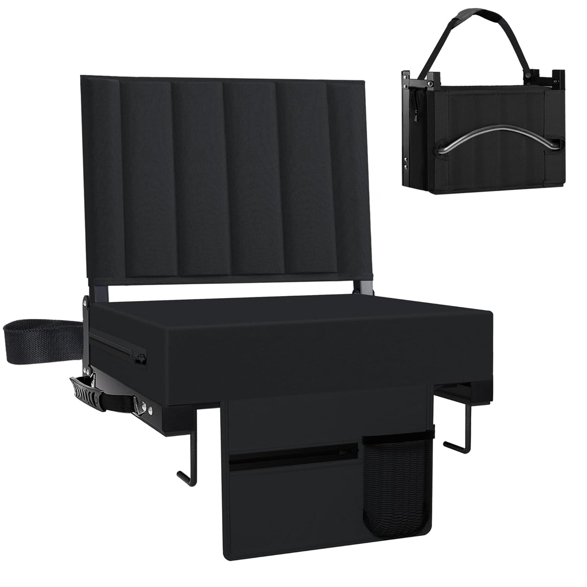 Black Padded Portable Folding Stadium Seat with Back Support and Cup Holder L676