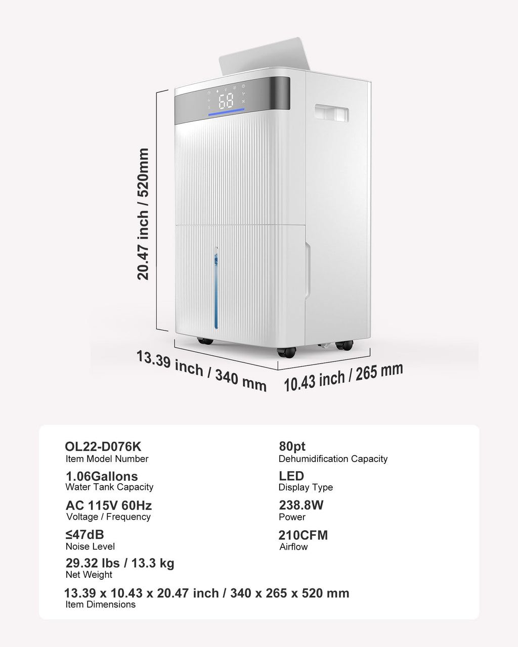 80 Pints Dehumidifier with Drain Hose O857