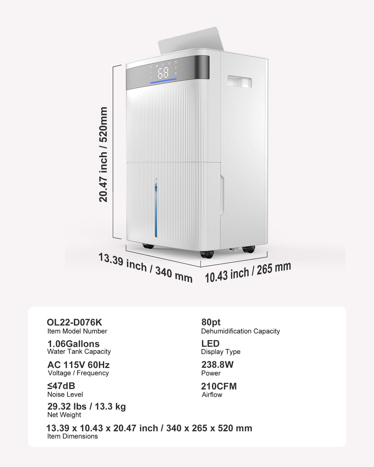 80 Pints Dehumidifier with Drain Hose O857