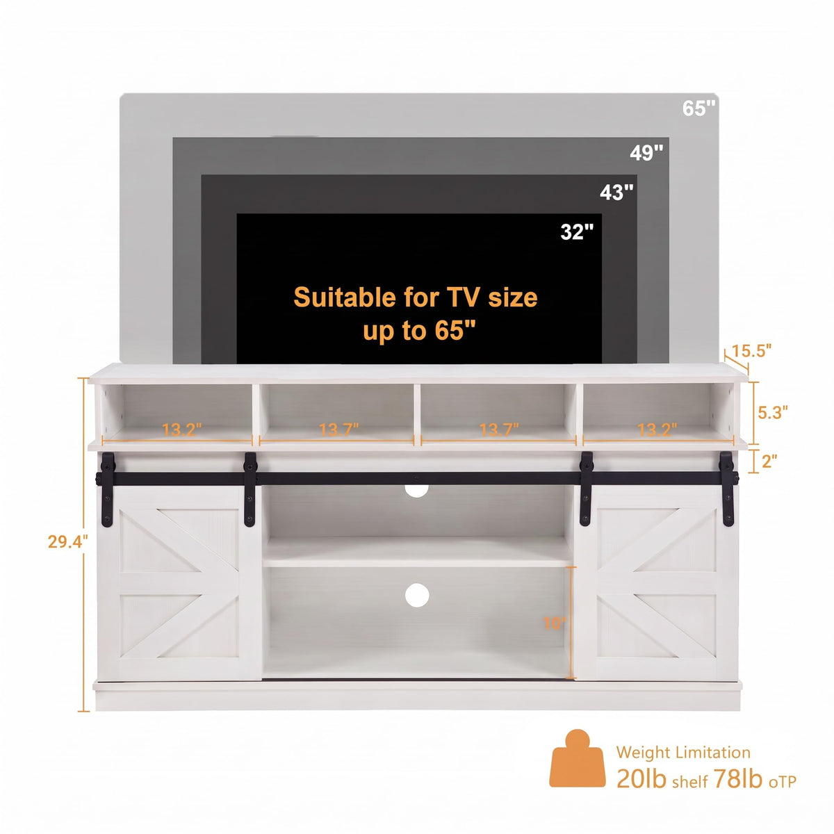 White Farmhouse TV Stand with Sliding Barn Doors N76306