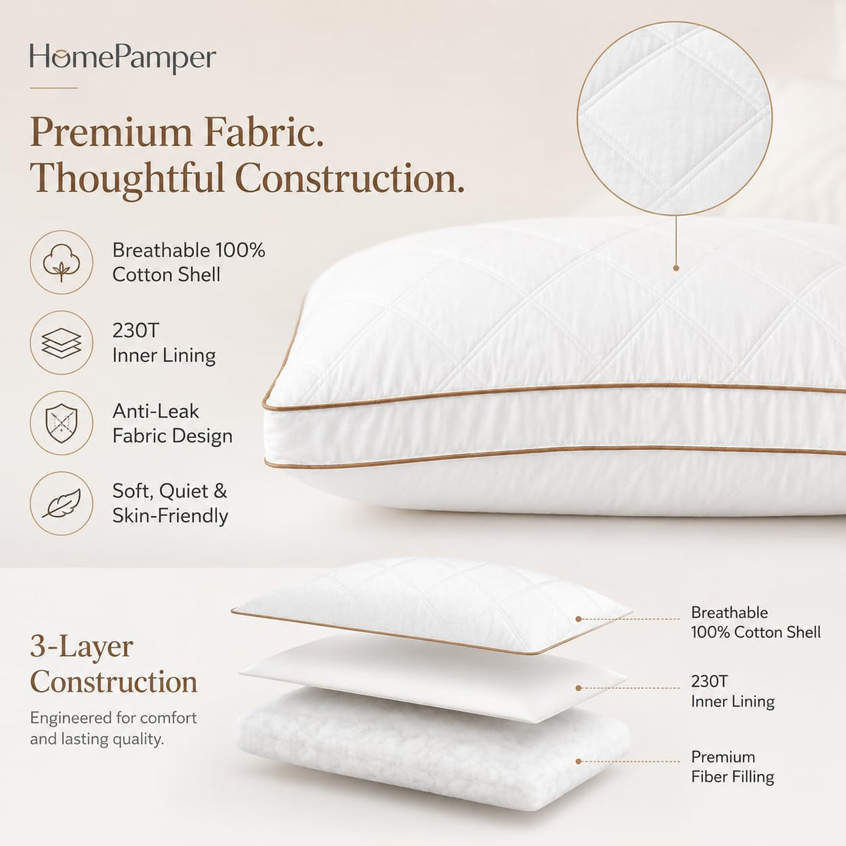 King Size Set of 2 White Cotton Bed Pillows E2481