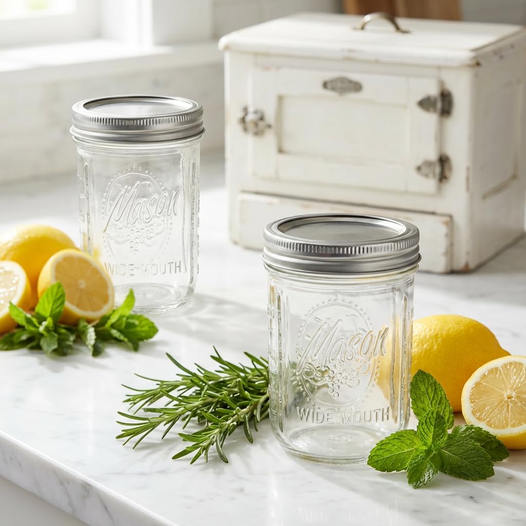 12 Pack 16 oz Wide Mouth Glass Mason Jars with Lids W616579