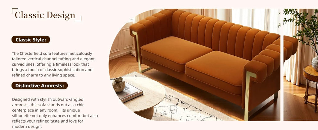 Orange Velvet 3-Seater Sofa V9823