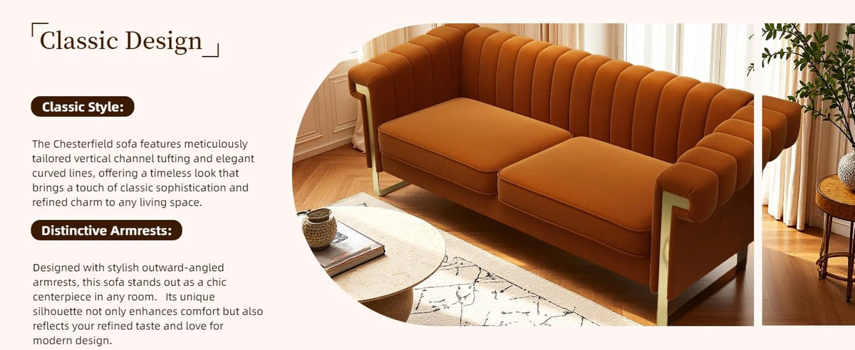 Orange Velvet 3-Seater Sofa V9823