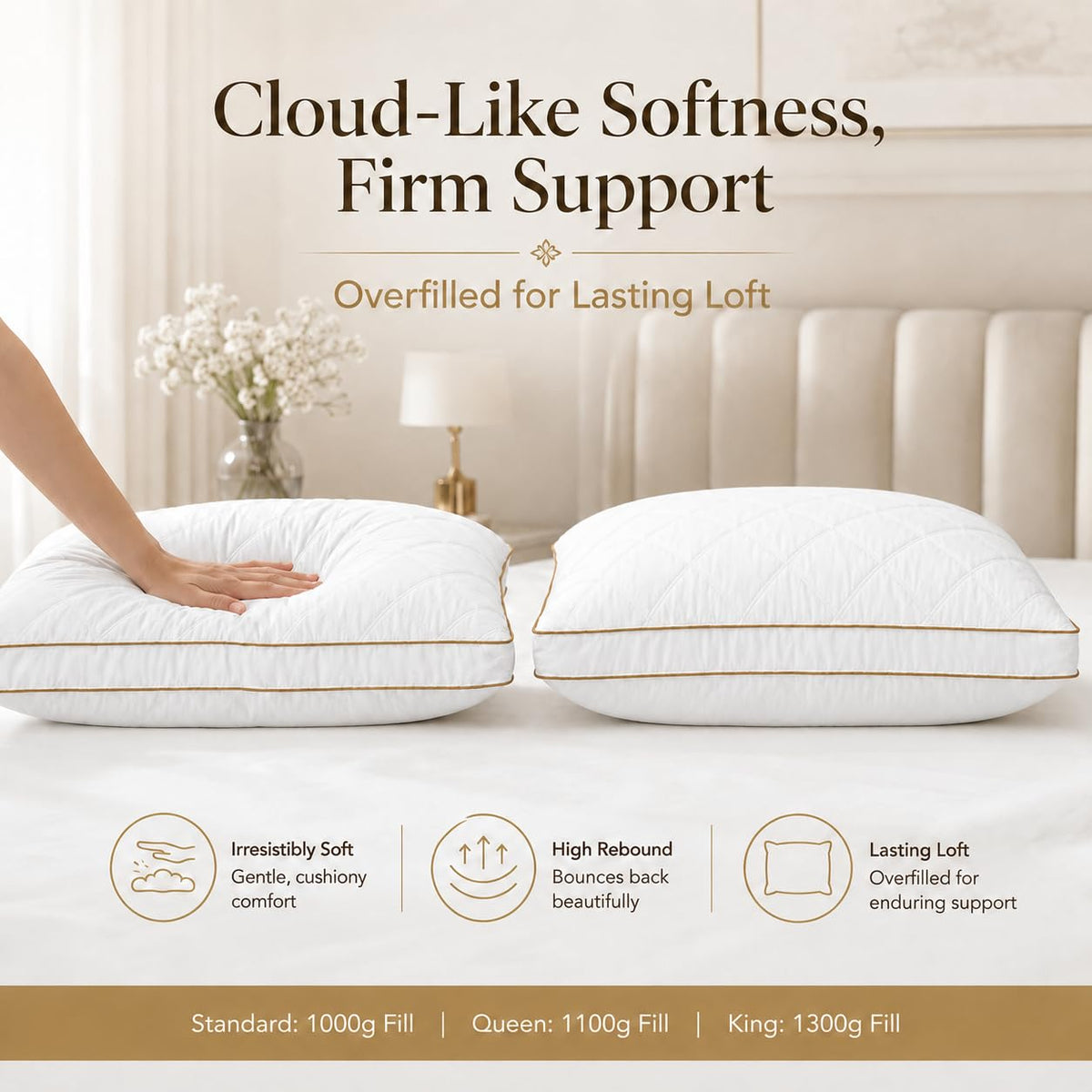 King Size Set of 2 White Cotton Bed Pillows E2481