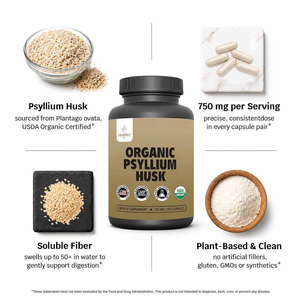 Organic Psyllium Husk Capsules 750 mg, 250 Capsules M824