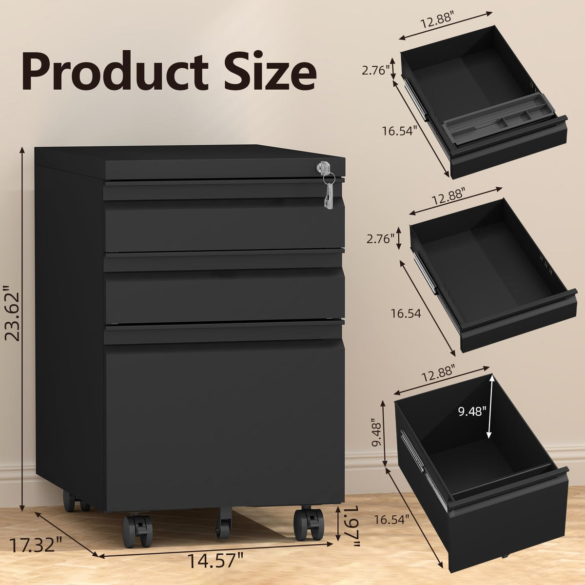 Black 3 Drawer Metal File Cabinet with Lock E2623