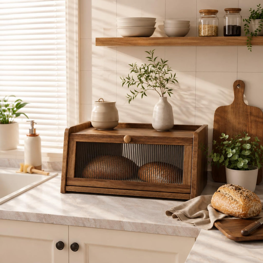 Acacia Wood Bread Box with Acrylic Window N41360