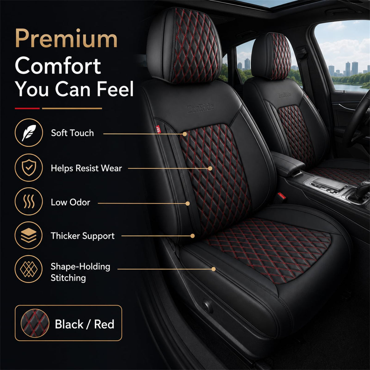 Black and Red Thick Nappa Leather Car Seat Covers Set of 2 G76485
