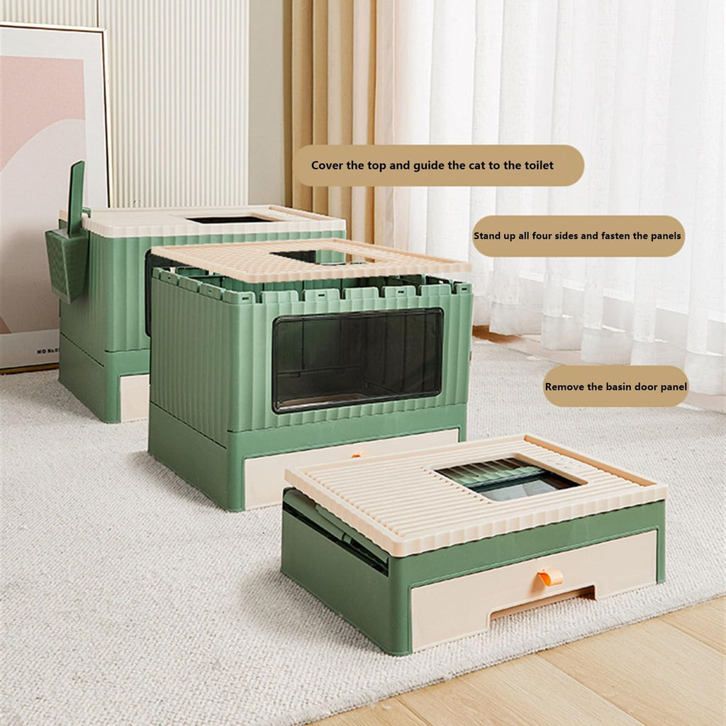 Top Entry Cat Litter Box with Lid Foldable Green F98986