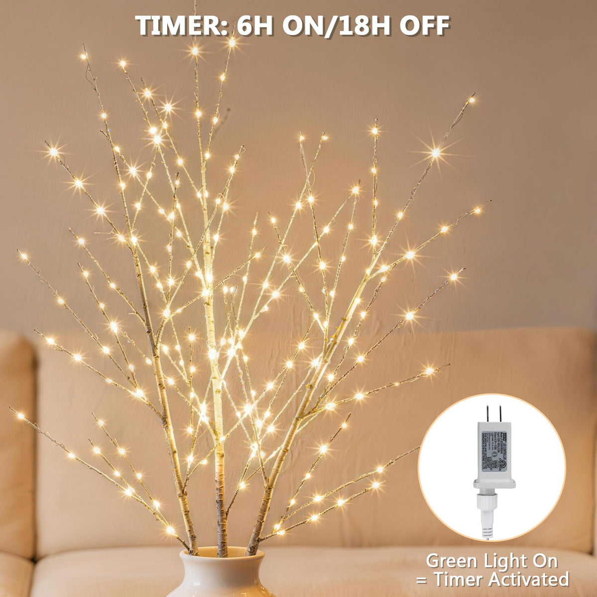 Lighted Birch White Tree Branches 33IN 180LED with Timer F638130
