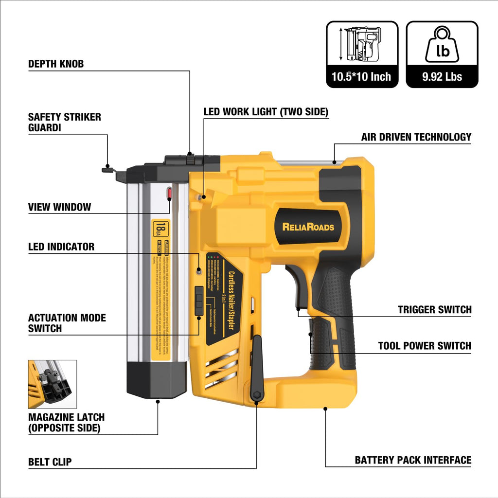 2" Cordless Brad Nailer 18GA Battery Powered Nail Gun with Toolbag R2332