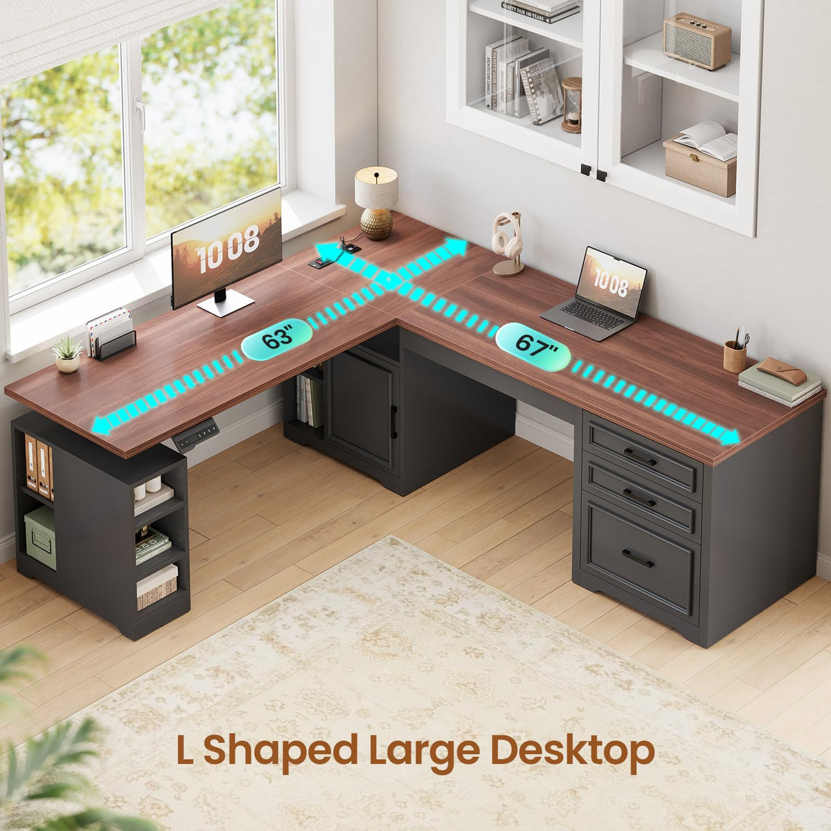 L Shaped Height Adjustable Standing Desk with Drawers and Shelves O83930