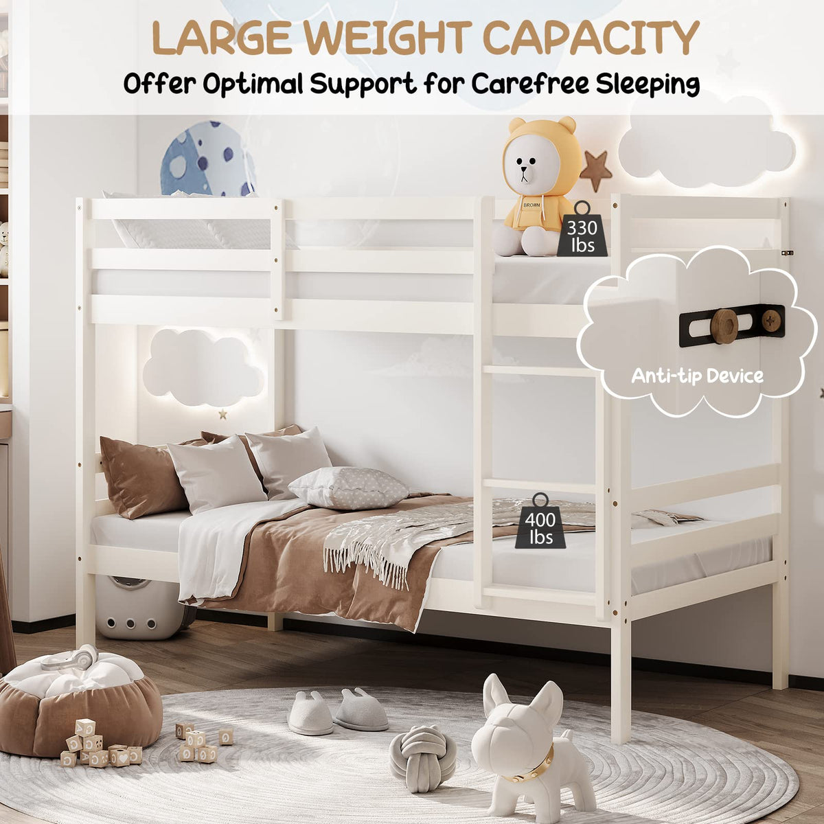 Wood Twin Over Twin Bunk Bed with Ladder & Safety Guardrail C6352