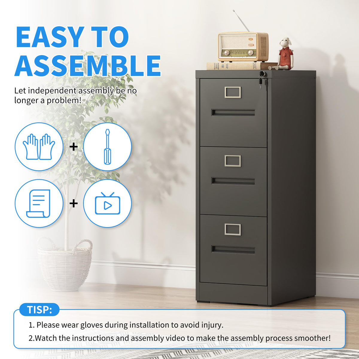 Black 3 Drawer Metal File Cabinet with Lock M83347