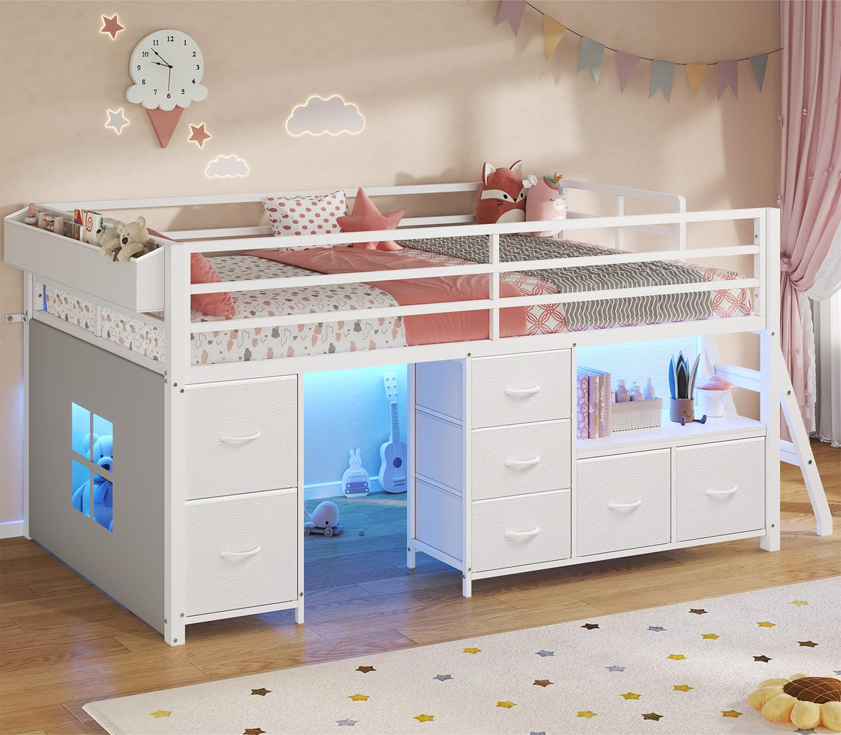 Twin Size Low Loft Bed with 7 Drawers B457