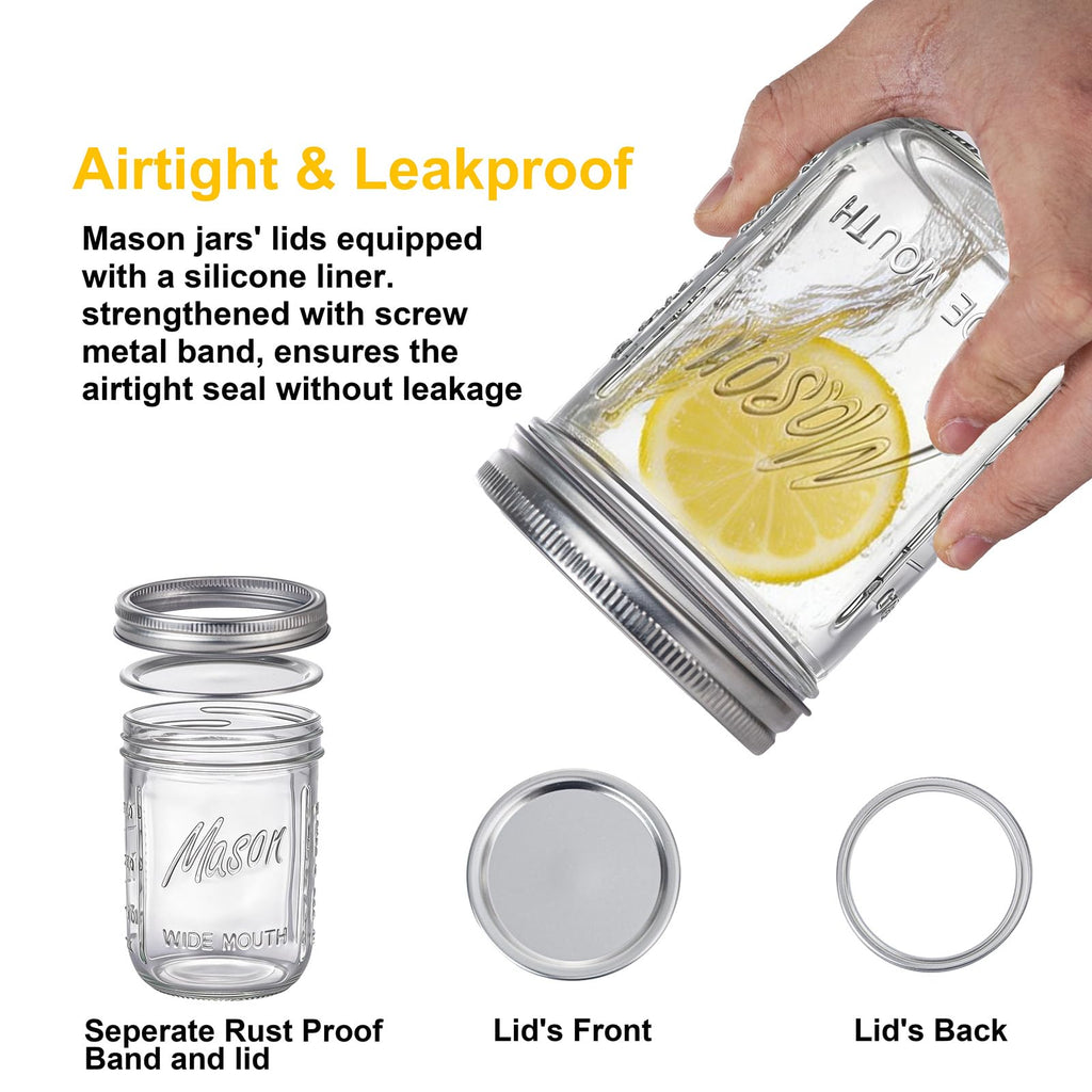 12 Pack 16 oz Wide Mouth Glass Mason Jars with Lids W616579