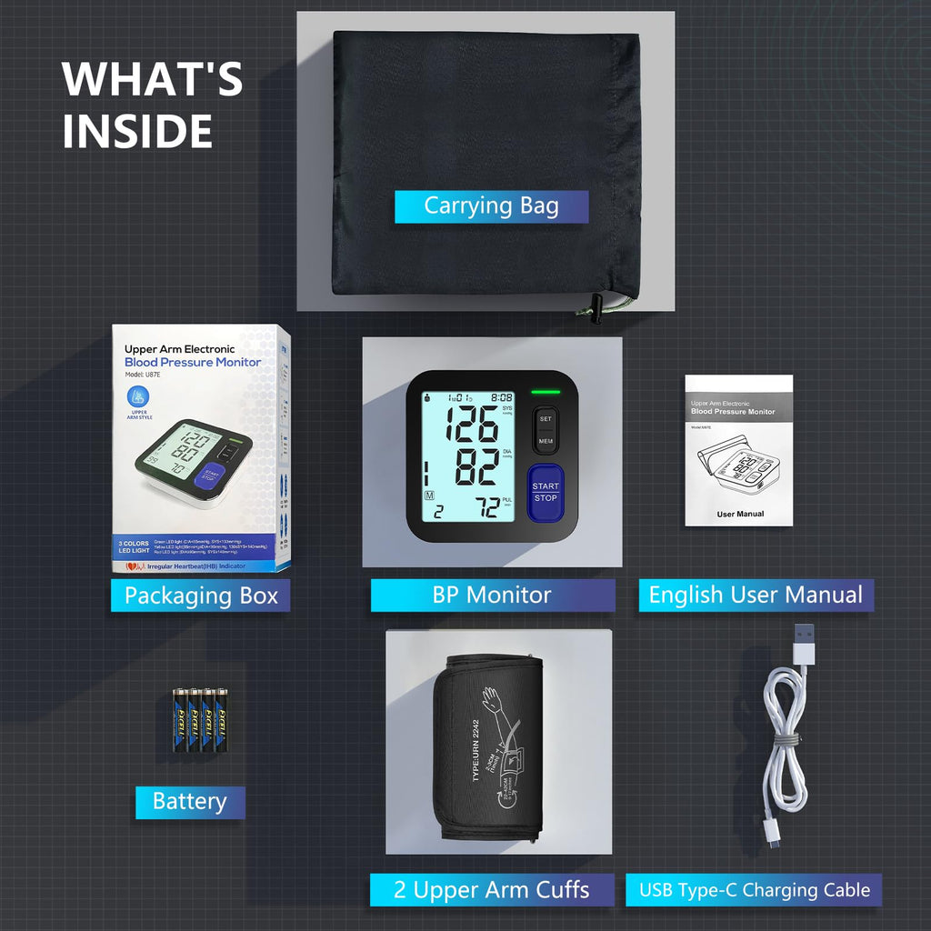 Upper Arm Blood Pressure Machine Medium/Large Cuff Automatic Digital BP Monitor Backlit LCD 2-User Mode U6682
