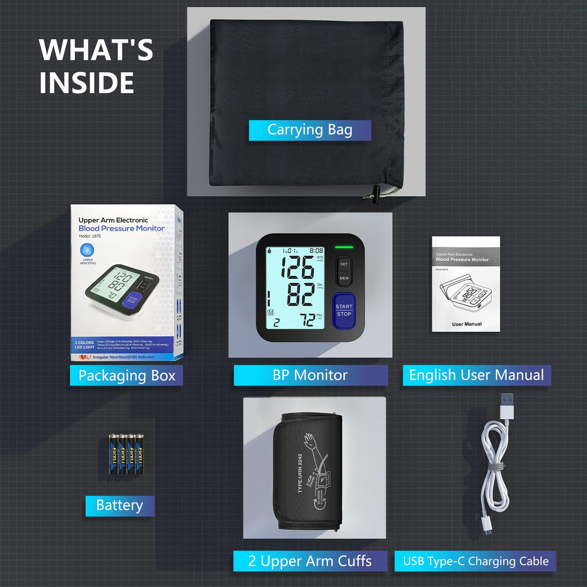 Upper Arm Blood Pressure Machine Medium/Large Cuff Automatic Digital BP Monitor Backlit LCD 2-User Mode U6682