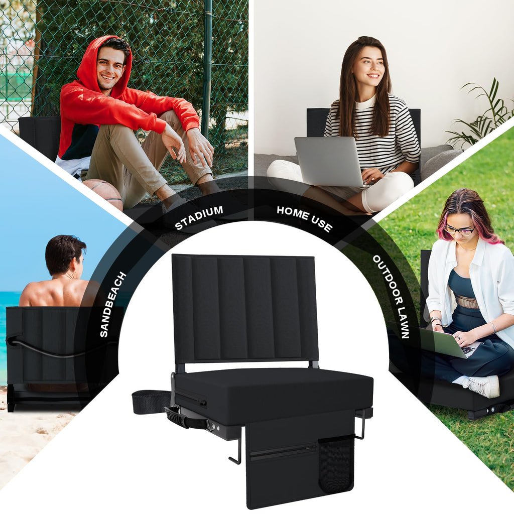 Black Padded Portable Folding Stadium Seat with Back Support and Cup Holder L676