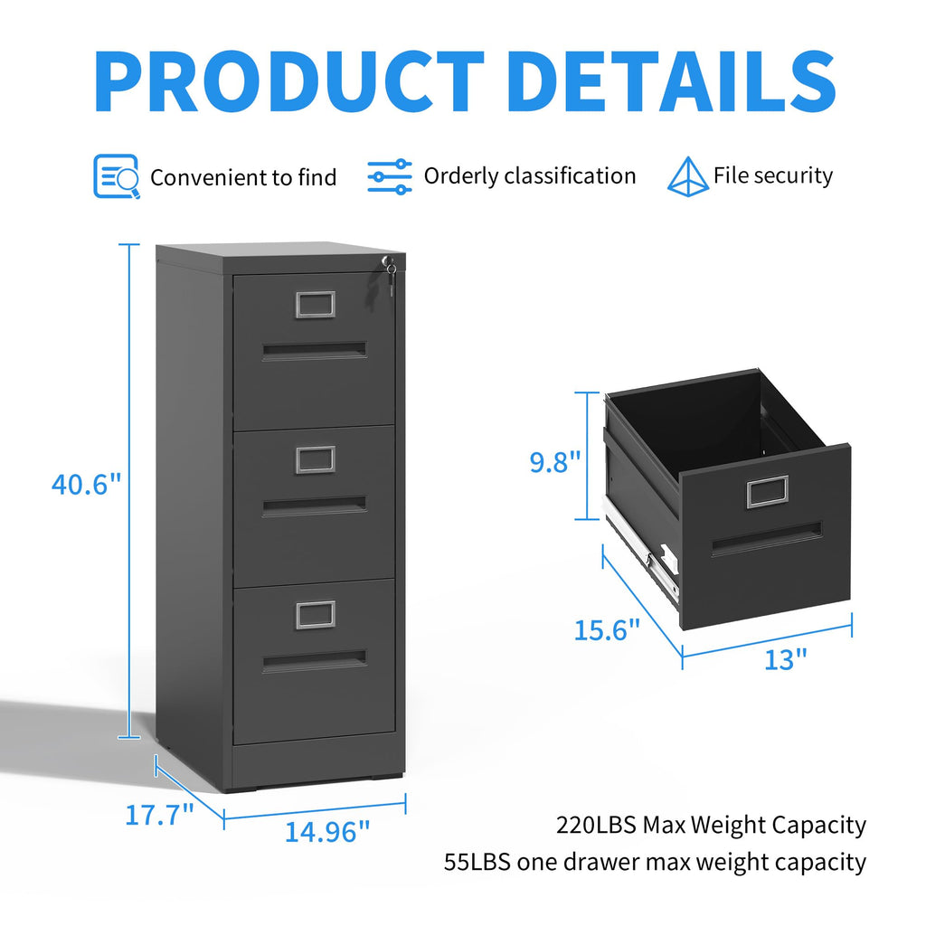 Black 3 Drawer Metal File Cabinet with Lock M83347