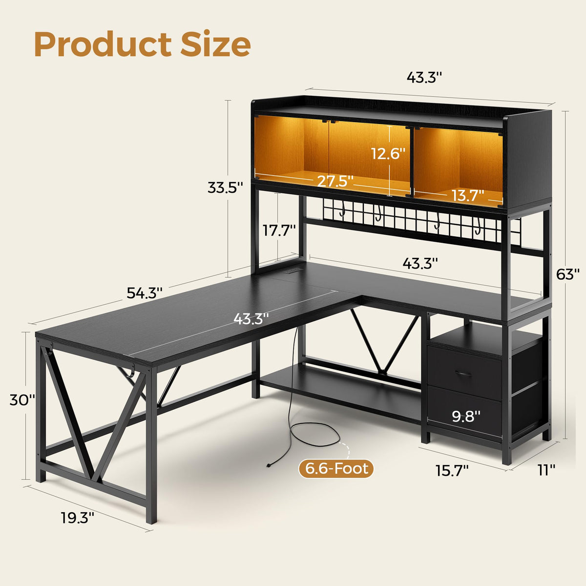 L Shaped Gaming Desk with Fabric Drawers and Power Outlet, Black L4101