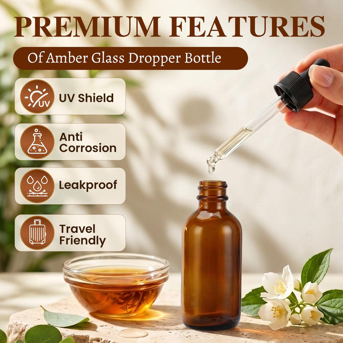 2 oz Amber Glass Dropper Bottles with Funnels, 40 Pack T4080