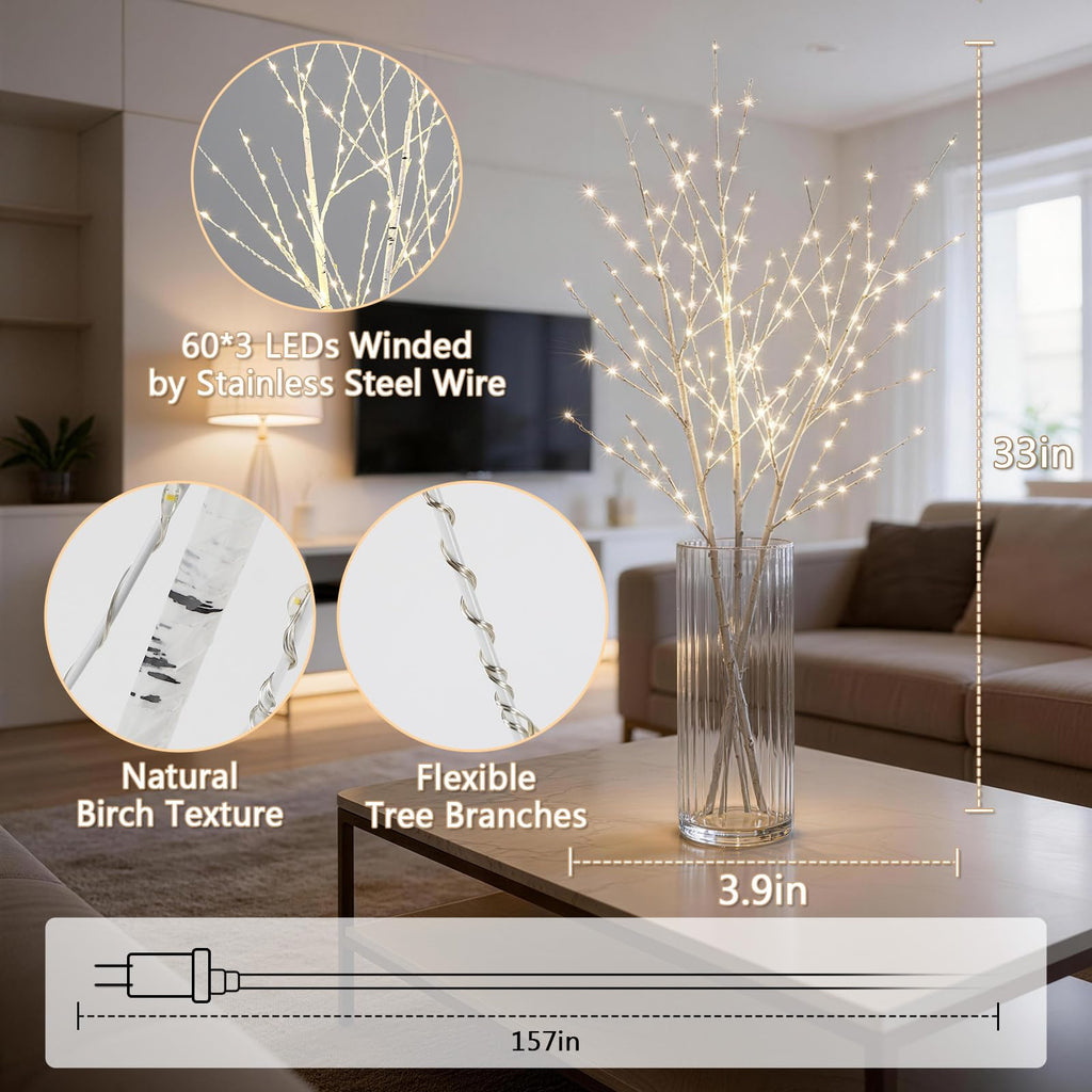 Lighted Birch White Tree Branches 33IN 180LED with Timer F638130