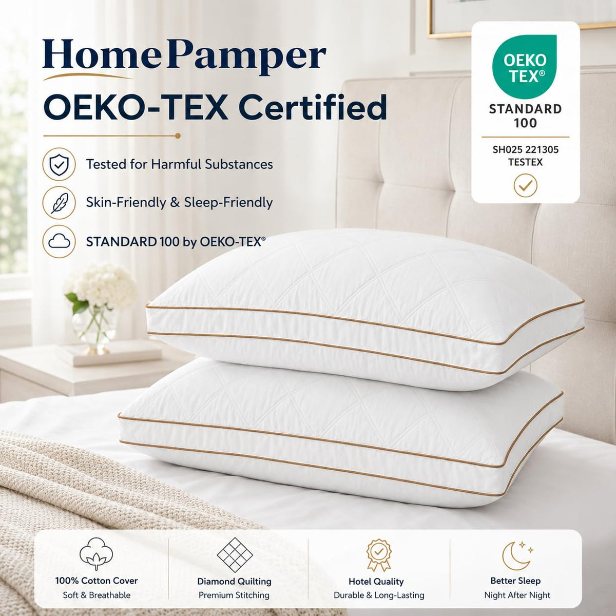 King Size Set of 2 White Cotton Bed Pillows E2481