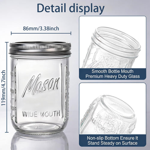 12 Pack 16 oz Wide Mouth Glass Mason Jars with Lids W616579