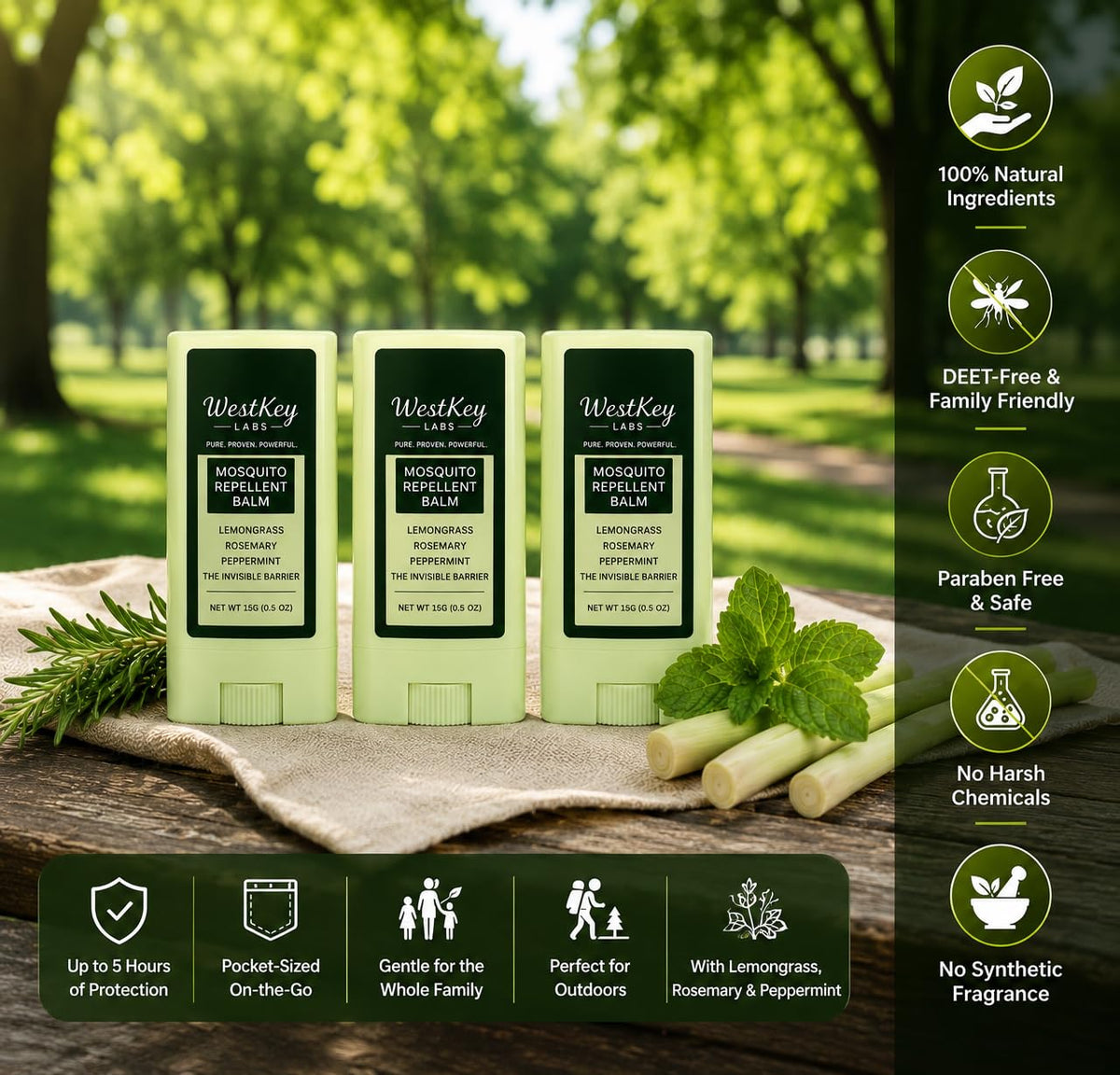 Mosquito Repellent Balm Stick 3-Pack 0.5oz DEET-Free Plant-Based Q269410