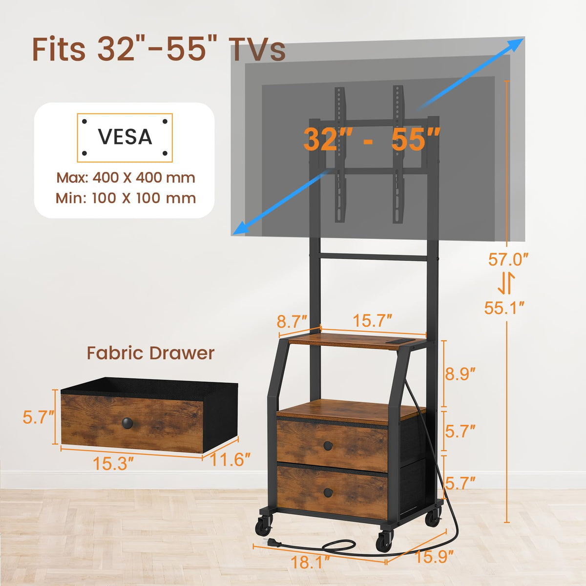 Rolling TV Stand for 32-55 Inch TVs L7031