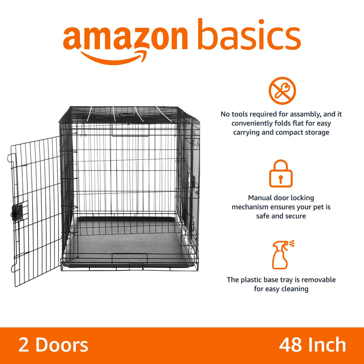 Portable Metal Wire Dog Crate, Double Door with Removable Tray, Black A97977