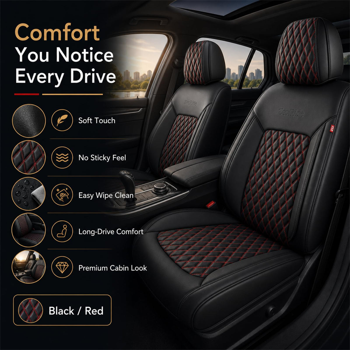 Black and Red Thick Nappa Leather Car Seat Covers Set of 2 G76485