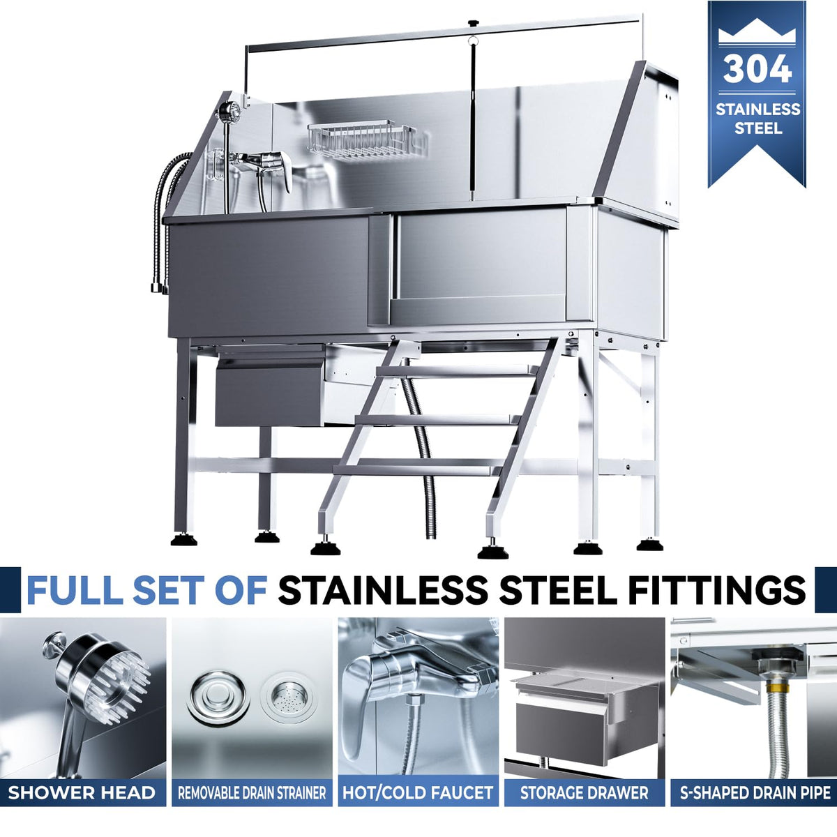 46" Stainless Steel Dog Washing Station with Storage Drawer G489