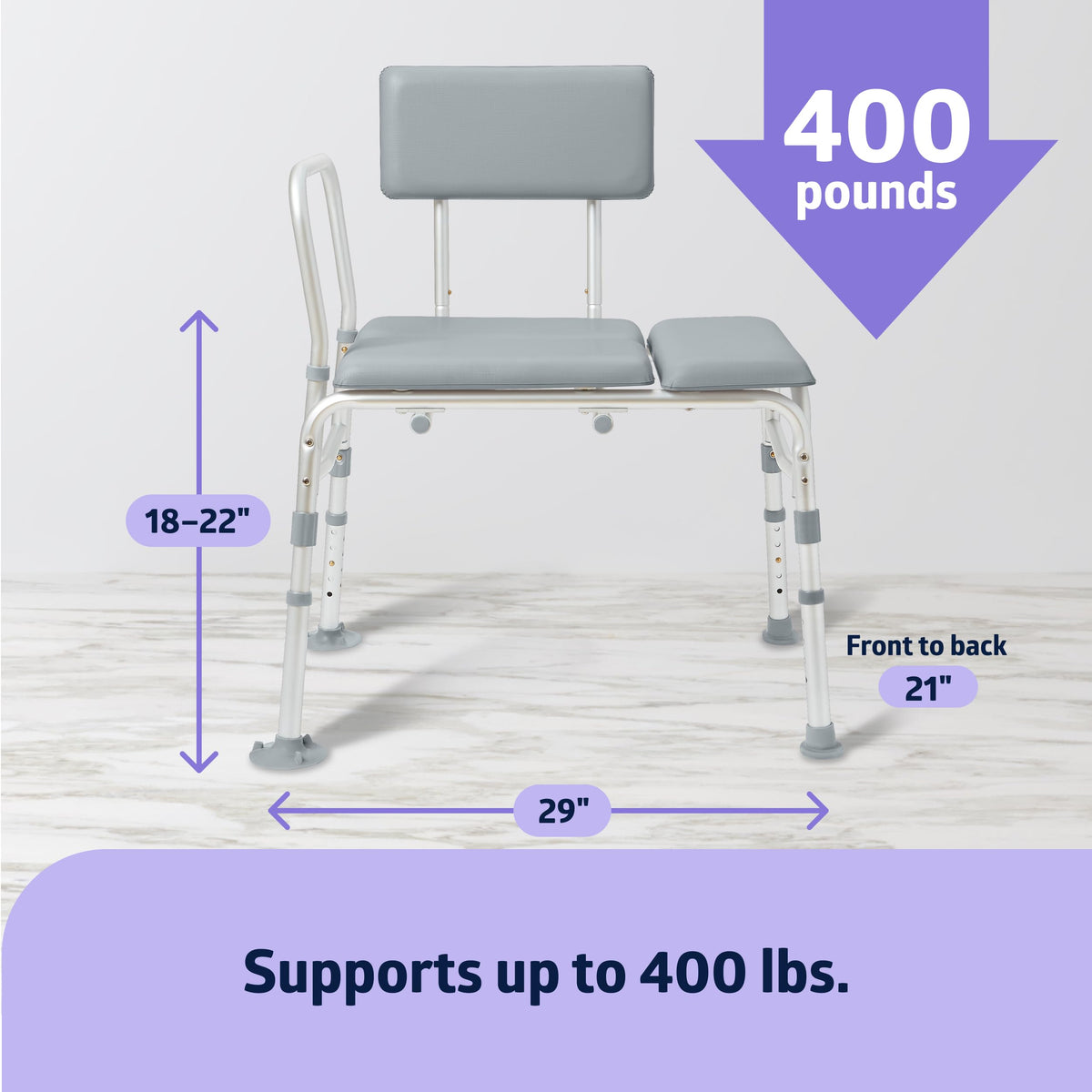 Padded Transfer Bench for Bathtub and Shower, Height Adjustable, 400 lb. Weight Capacity J7838