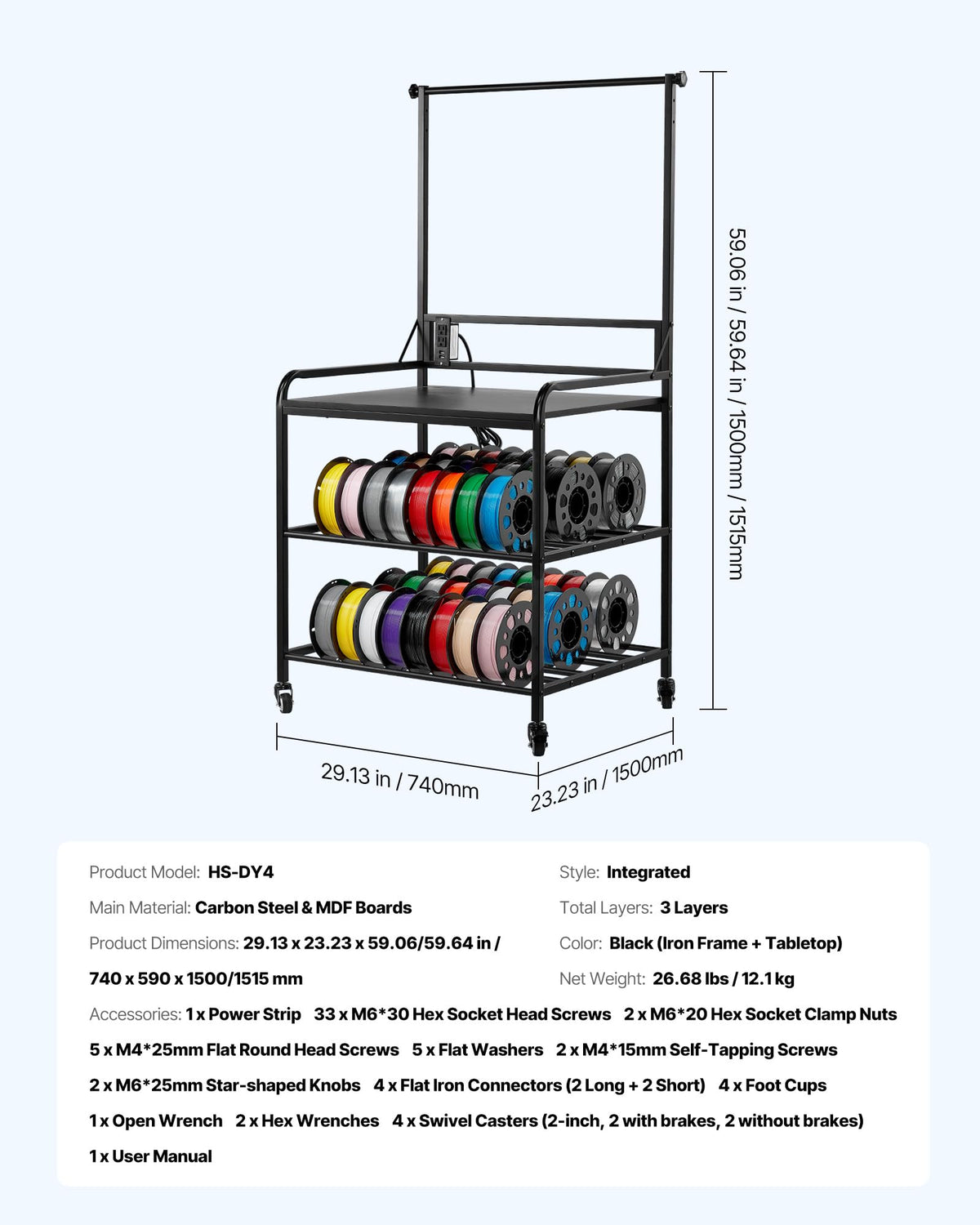 3-Tier Filament Storage Rack with Wheels G898