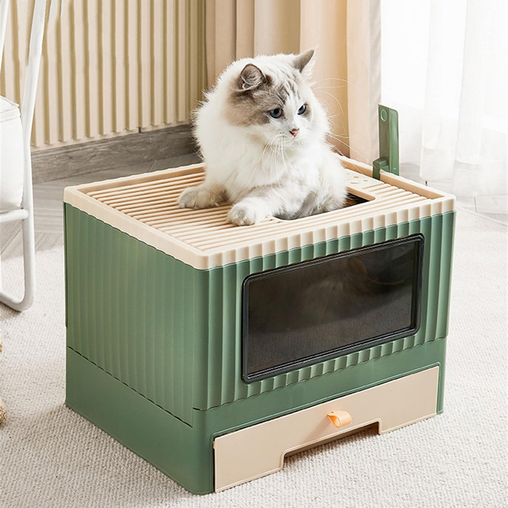 Top Entry Cat Litter Box with Lid Foldable Green F98986