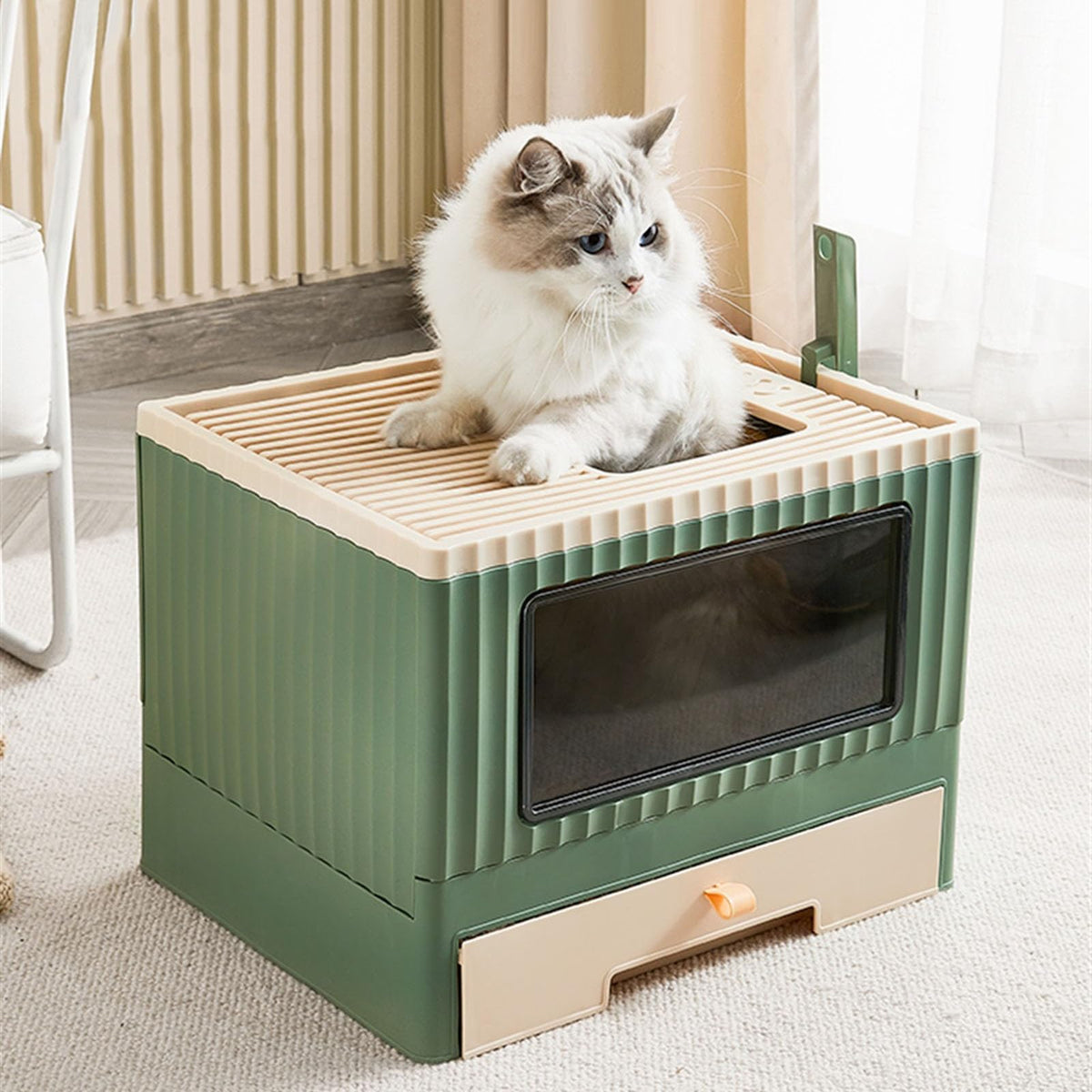 Top Entry Cat Litter Box with Lid Foldable Green F98986